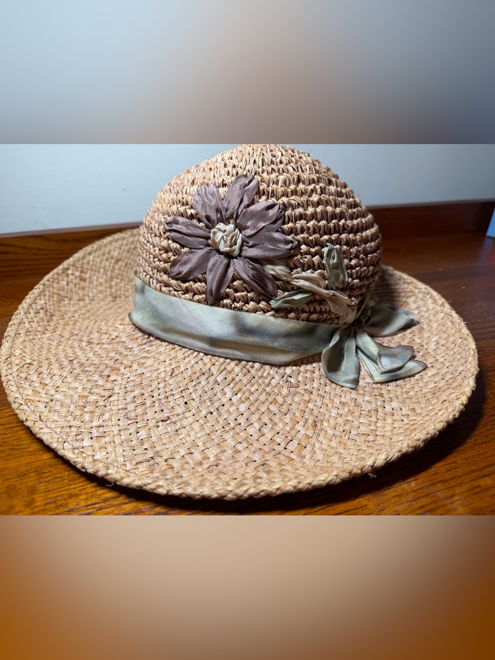 Louise Green Vintage Straw Sun Hat with Olive Silk Ribbon & Flower Accent